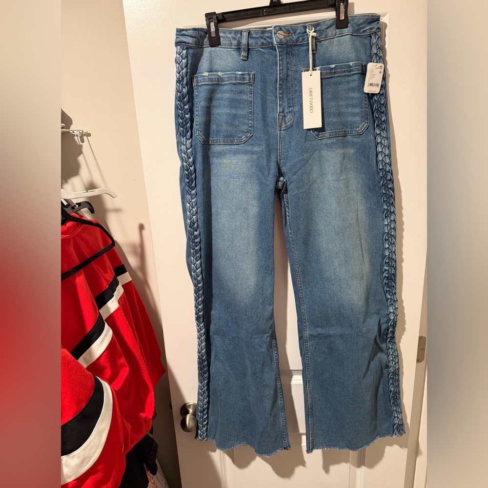 DRIFTWOOD Blue Flare Jeans with Braided Accents